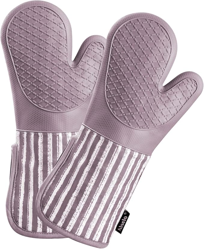 Alselo Silicone Oven Mitts Heat Resistant 932℉ with Waterproof & Non-Slip Kitchen Mittens, Set of 2 Extra Long Oven Gloves with Soft Cotton Terry Lining for Baking Cooking Barbecue(2, Purple Mitts) by Alselo-Enjoyahealthylife