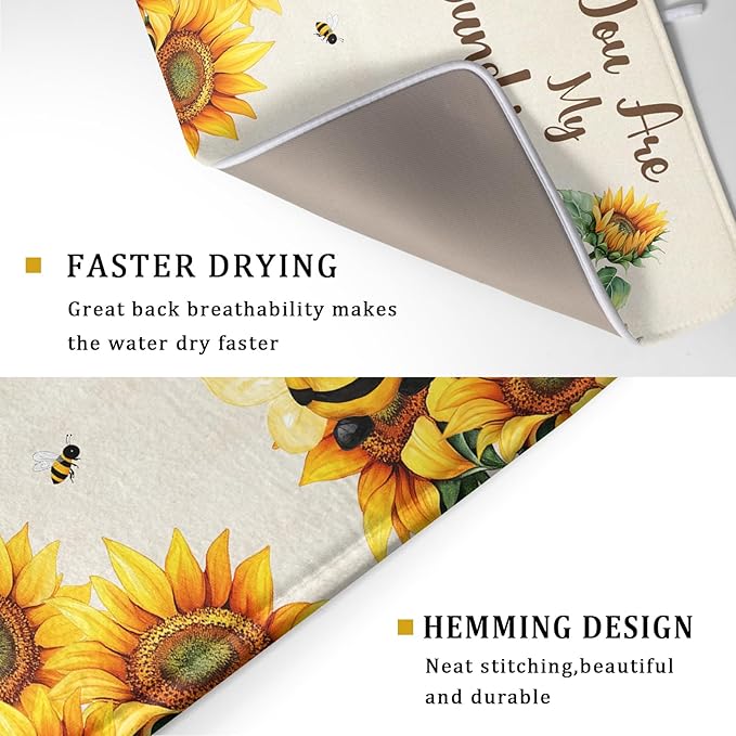 Giwawa Bee Gnomes Dish Drying Mat, Summer Sunflowers Elf Dish Drainer Mats for Kitchen Countertop, Vintage Sunshine Floral Absorbent Reversible Dish Drying Pad Decor, 18x24inches, Large