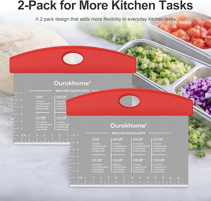 Ourokhome 2 Pack Bench Scraper Dough Cutter, Stainless Steel Dough Scraper with Laser-Etched Scale, Conversion Chart, Non-Slip Handle, Dishwasher Safe for Bread & Pastry, Red - Image 6
