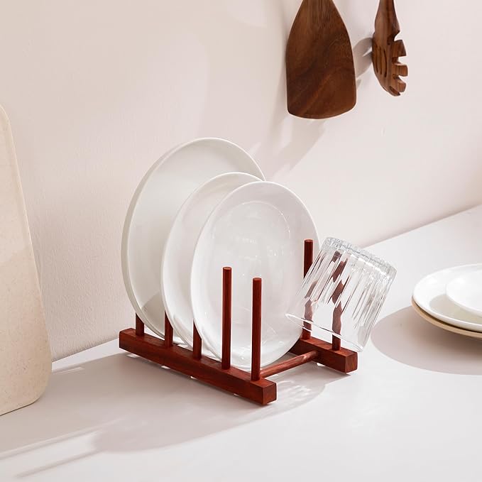 HBlife 2pcs Rosewood Wooden Dish Drying Rack - Home and Kitchen Organizer for Cups, Bowls, Pots, Lids, Cutting Boards & Plates Space-Saving for Cabinets Counters (4 Slots)
