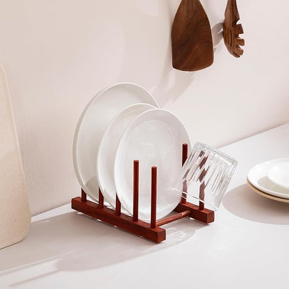 HBlife 2pcs Rosewood Wooden Dish Drying Rack - Home and Kitchen Organizer for Cups, Bowls, Pots, Lids, Cutting Boards & Plates Space-Saving for Cabinets Counters (4 Slots)