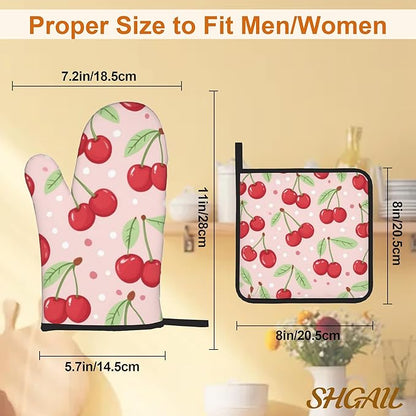 Oven Mitts and Hot Pads Set - Pink Cherry Design, Heat Resistant Cute Pot Holders for Kitchen, Baking Gifts for Women