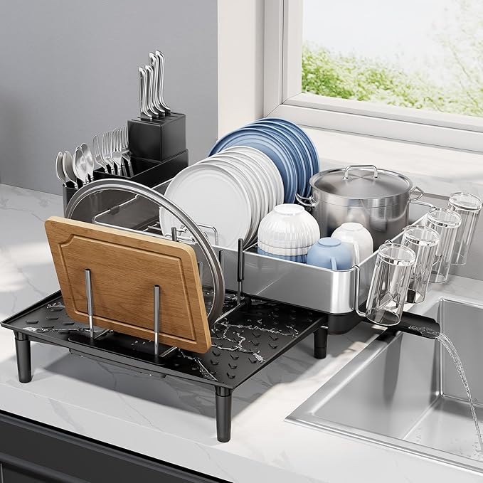 Urackify Dish Drying Rack for Kitchen Counter - Stainless Steel Dish Drainer with Drain Board, Removable Utensil Holder, Rust-Proof Plate, Non-Slip Feet, Large Capacity for 10 Plates 6 Bowls 4 Cups by Urackify