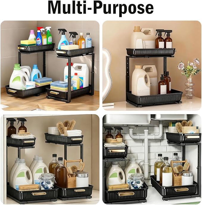 ARSTPEOE Under Sink Organizer - 2 Packs Multi-Purpose Pull-Out Storage Organizers, Slide out Pull out Metal Cabinet Organizer Shelf, Storage for Kitchen Bathroom, Black - Image 3
