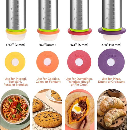 Stainless Steel Rolling Pin with Thickness Rings and Pastry Baking Mat, Pizza, Cookie, Bread, Pie Crusts,Roller Rod for Dough Thickness, 13.6" with 4 Multicolored Thickness Rings&Cookie Molds