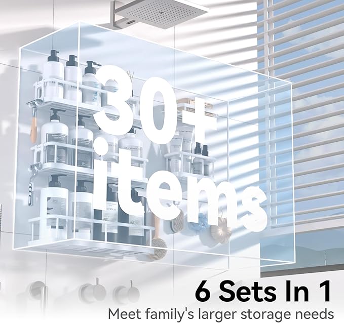 YASONIC Shower Caddy, Large Capacity Bath Organizer with Soap Holder and 12 Hooks, 6 Pack Rustproof Bathroom Shelves for Inside Shower, No Drilling&Sleek Bathroom Organizers and Storage White - Image 3