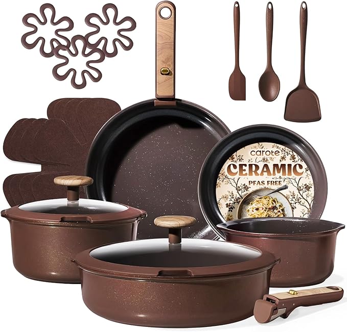 CAROTE Pots and Pans Set, Ceramic Cookware Set Non Stick with Detachable Handle, RV Kitchen Cooking Set, Induction & Oven Safe, Non-Toxic, PFAS and PFOA Free, Dark Choco, 19 Pcs by CAROTE