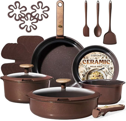CAROTE Pots and Pans Set, Ceramic Cookware Set Non Stick with Detachable Handle, RV Kitchen Cooking Set, Induction & Oven Safe, Non-Toxic, PFAS and PFOA Free, Dark Choco, 19 Pcs by CAROTE
