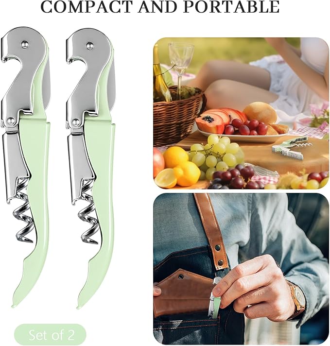 HYZ 2-Pack Wine Opener Waiter Corkscrew, Professional Wine Key for Servers, Bartender with Foil Cutter, Manual Wine Bottle Opener Double Hinged (Matcha Green) - Image 7
