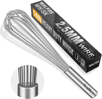 Walfos Whisk,14in Large Whisks, Heavy Duty Stainless Steel Wire Whisk for Blending, Whisking, Beating Suitable for stirring and mixing containers such as deep pots or big bowl at home or store. by Walfos