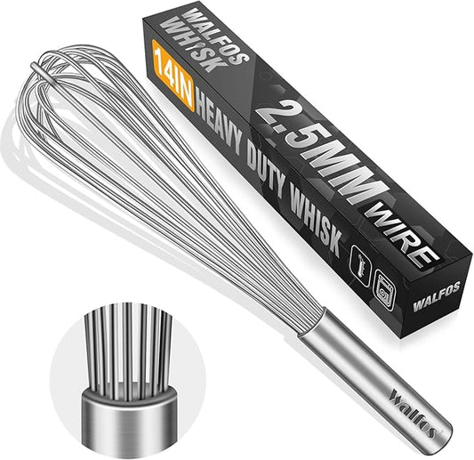 Walfos Whisk,14in Large Whisks, Heavy Duty Stainless Steel Wire Whisk for Blending, Whisking, Beating Suitable for stirring and mixing containers such as deep pots or big bowl at home or store. by Walfos