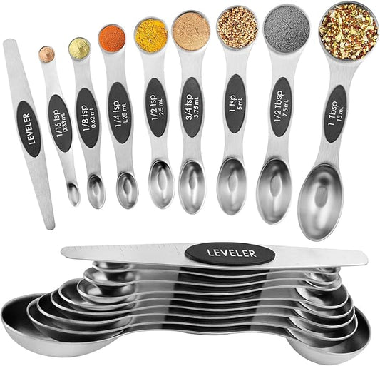 Magnetic Measuring Spoons Set Stainless Steel with Leveler, Dual-Sided Metal Measuring Spoons for Baking & Cooking, Fits in Spice Jars, Must-have Kitchen Gadgets, 8 Measuring Spoons & 1 Leveler, Black by Unknown