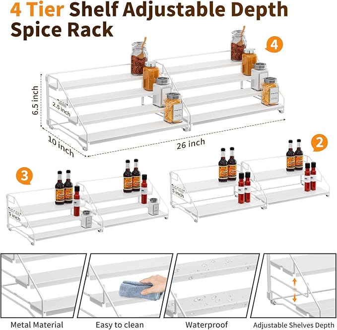 BOIVSHI Spice Organization for Cabinet, Spice Rack Organizer, Spice Rack Organizer for Cabinet, Depth Adjustable Seasoning Organzier Organizer for Cabinet, Countertop, Pantry, Metal, White (2 Pack) - Image 4