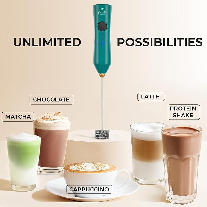 Zulay Kitchen Rechargeable Milk Frother - Dynamic - 3 Speeds, 3 Whisk Attachments, 500 mAh USB Charging, Drink Mixer For Latte, Cappuccino, Matcha, Protein Powder, Coffee Foam - Green Gold - Image 6
