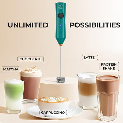 Zulay Kitchen Rechargeable Milk Frother - Dynamic - 3 Speeds, 3 Whisk Attachments, 500 mAh USB Charging, Drink Mixer For Latte, Cappuccino, Matcha, Protein Powder, Coffee Foam - Green Gold - Image 6