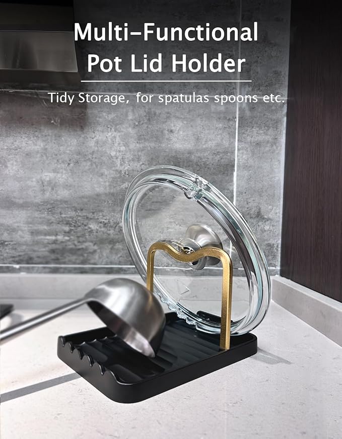 Anti-Rust Metal Spoon Rest with Lid Holder, Heat-Resistant Pot Lid Rest, Multifunctional Spatula Holder While Cooking for Stovetop and Kitchen Counter – Black Gold - Image 2
