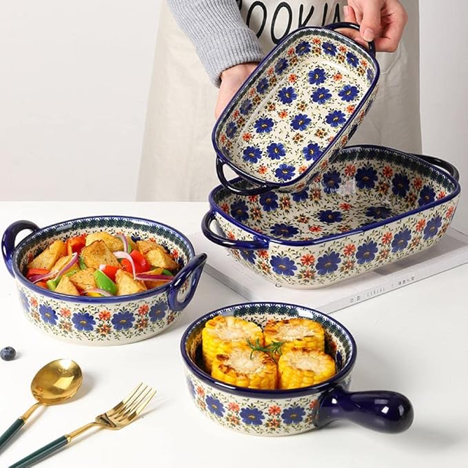 Vintage Style Blue Flowers Phalaenopsis Pottery Bakeware Ceramic Casserole Dish Baking Pan Lasagna Pans Baking Dish with Handles for Oven to Table-1 PCS, 20 OZ - Image 4