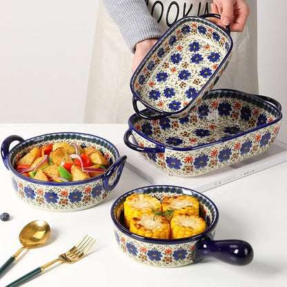Vintage Style Blue Flowers Phalaenopsis Pottery Bakeware Ceramic Casserole Dish Baking Pan Lasagna Pans Baking Dish with Handles for Oven to Table-1 PCS, 20 OZ - Image 4