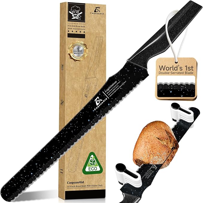 CoquusAid Upgrade Bread Knife for Homemade Bread, World‘s 1st Double Serrated Knife for Crusty Sourdough, 11.6 Inch Stainless Steel Bread Slicer, Professional Sourdough Cutter, Ideal Gift, Black by CoquusAid