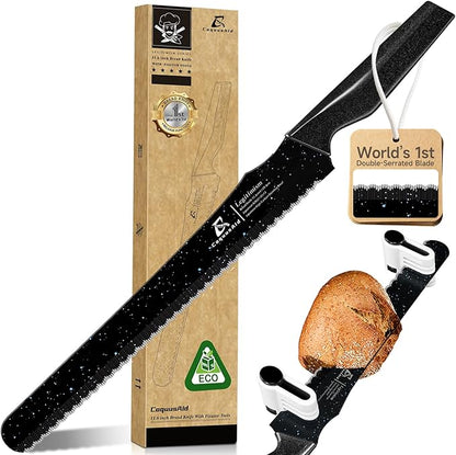 CoquusAid Upgrade Bread Knife for Homemade Bread, World‘s 1st Double Serrated Knife for Crusty Sourdough, 11.6 Inch Stainless Steel Bread Slicer, Professional Sourdough Cutter, Ideal Gift, Black by CoquusAid