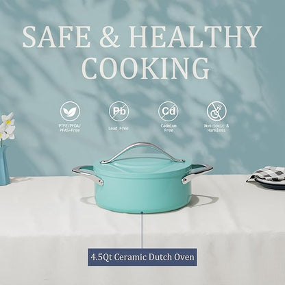 CookinCraze Stock Pot 4.5qt Dutch Oven with Lid (9.5"x 4") Nonstick Ceramic Coated Non-Toxic PFAS-Free Even Heat Distribution for Braising, Baking Bread & Soups, Compatible for All Cooktops(Induction/Gas/Electric) Oven Safe to 500°F (Caribbean Blue)