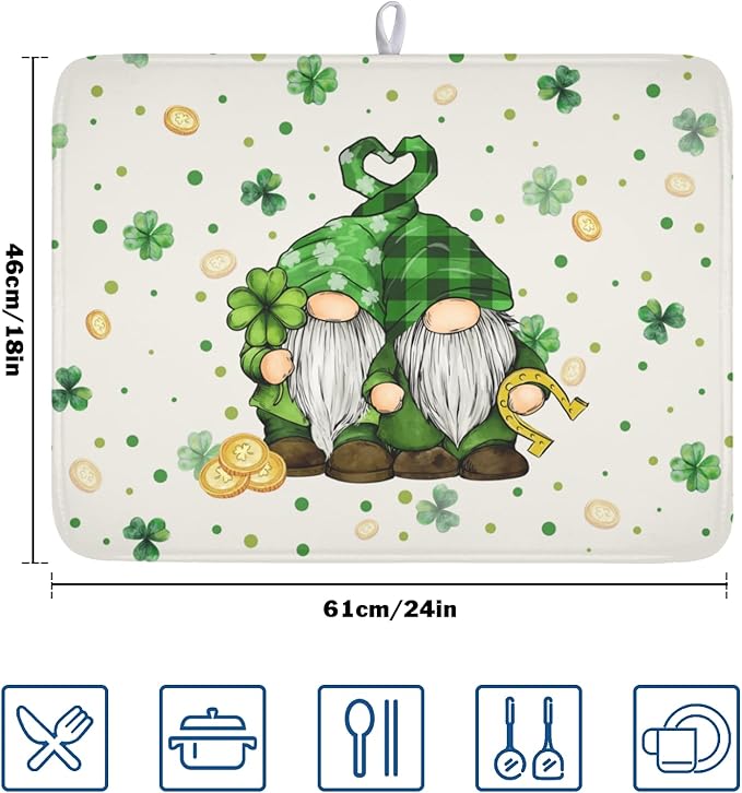 St Patrick's Day Gnome Dish Drying Mat for Kitchen Counter,Inch Lucky Shamrock Gold Coin Drying Mat 18 x 24 Inch with Absorbent Reversible Microfiber Dish Drying Pad for Coffee Bar - Image 2