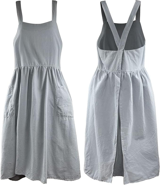 Uaussi Cotton Linen Apron Cross Back Work Apron for Women with Pockets Pinafore Dress X Cross Halter Apron for Chef Gardening by Uaussi
