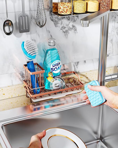 Consumest Sponge Holder for Kitchen Sink - Sink Caddy Kitchen Organizer with Removable Drip Tray for Countertop Dish Soap Dispenser Brush Storage Accessories 304 Stainless Steel, Rose Gold - Image 7