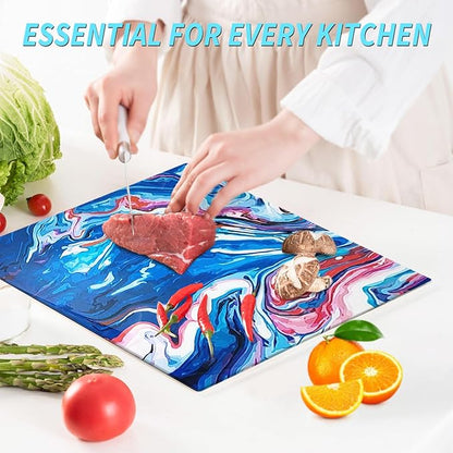 VASUHOME Glass Cutting Board, 16 * 12 inch Set of 1 Tempered Glass Cutting Board, Decorative Square Place Mat for Kitchen, Scratch, Heat, Shatter Resistant Cutting Mat, Navy Blue and Red