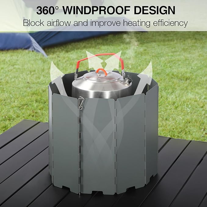 REDCAMP Folding Outdoor Stove Windscreen, 10 Plates Iron Camping Stove Windshield with Carrying bag, Lightweight Butane Burner Windshield, Grey
