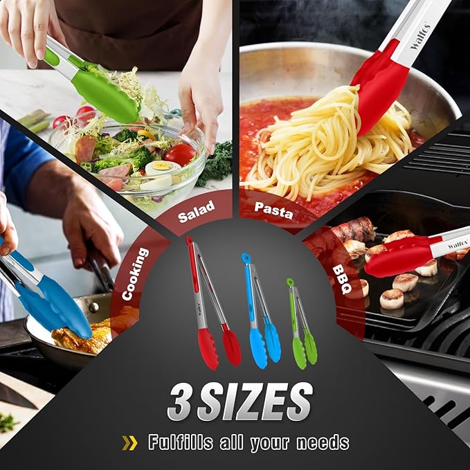Walfos Silicone Tongs for Cooking - Heat Resistant kitchen tongs for Salad,Cooking, Grilling,Stainless Steel and BPA Free Silicone Tips set of 3 (7" 9" and 12 inch) - Image 7