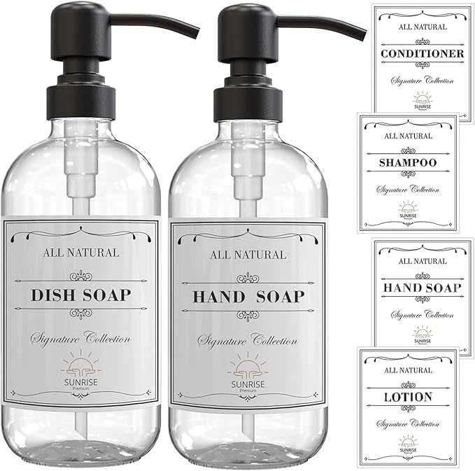Sunrise Premium 2 Pack Clear Glass Soap Dispenser 16 OZ with Matte Black Stainless Steel Pump, Hand and Dish Soap Dispenser Set for Bathroom and Kitchen Sink with 6 Waterproof Labels - Image 7