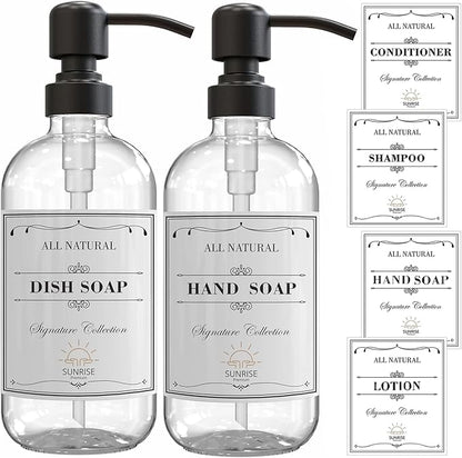 Sunrise Premium 2 Pack Clear Glass Soap Dispenser 16 OZ with Matte Black Stainless Steel Pump, Hand and Dish Soap Dispenser Set for Bathroom and Kitchen Sink with 6 Waterproof Labels - Image 7