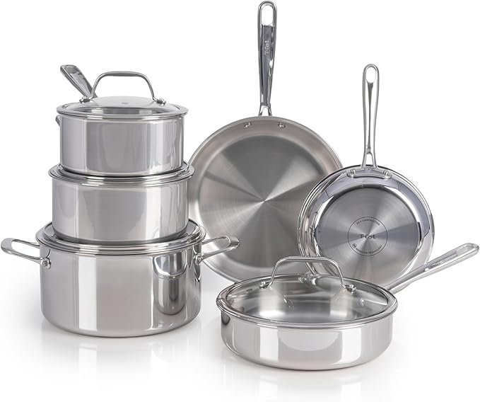 T-fal Pro Tri-Ply Stainless Steel Cookware Set, 10 Piece-Induction Compatible, Oven Safe 500F, Lids-350F, Even Heat, Professional Quality, Durable, Induction Pots and Pans Set, Silver by T-falbrand