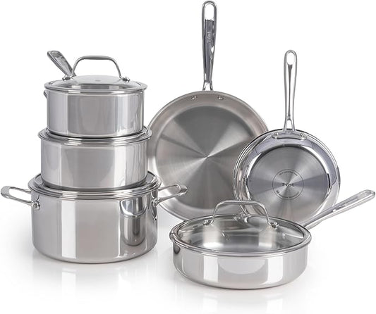 T-fal Pro Tri-Ply Stainless Steel Cookware Set, 10 Piece-Induction Compatible, Oven Safe 500F, Lids-350F, Even Heat, Professional Quality, Durable, Induction Pots and Pans Set, Silver by T-falbrand