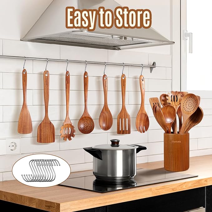 Wooden Spoons for Cooking, 12PCS Teak Wooden Kitchen Utensil Set with Spoon Rest - Smooth Finish, Non-Stick, Comfortable Grip, Heat Resistant Cooking Utensils Set - Image 5