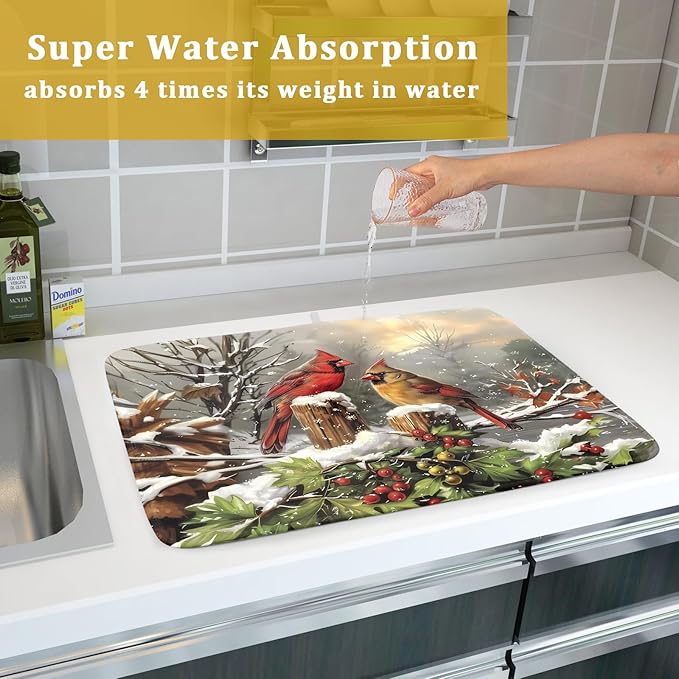 Winter Dish Drying Mat for Kitchen Counter 18x24 Inch Red Birds Cardinal Tree Christmas Theme Print Absorbent Reversible Microfiber Drying Mats Kitchen Countertop Protector Dishes Drainer Rack Pad - Image 7