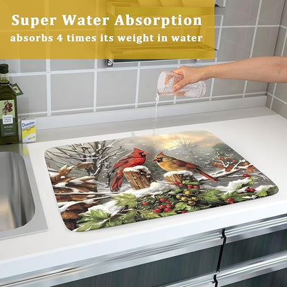 Winter Dish Drying Mat for Kitchen Counter 18x24 Inch Red Birds Cardinal Tree Christmas Theme Print Absorbent Reversible Microfiber Drying Mats Kitchen Countertop Protector Dishes Drainer Rack Pad - Image 7