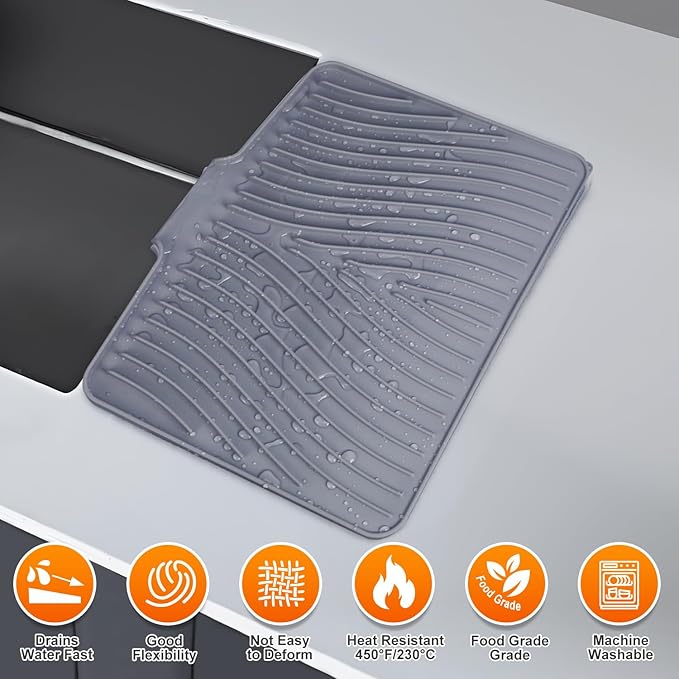 Silicone Dish Drying Mat for Kitchen Counter, Dish Drying Pad, Non-Slip Drain Pad with Built-in Drain, Heat Resistant Stone Drying Mat - Image 6