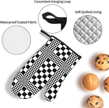 Black and White Optical Illusion Checkered Oven Mitt & Pot Holder Set (3-Piece) - Heat Resistant Non-Slip Kitchen Gloves Gift for Cooking Enthusiasts, Modern Kitchen Decor for Baking Grilling, Black - Image 6