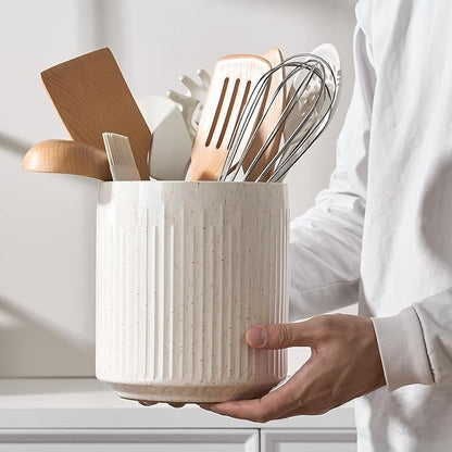 JIEMEI HOME Kitchen Utensil Holder, 7.2" Large Ceramic Stable Utensil Crock for Countertop, Utensil Organizer with Cork Mat, Removable Bamboo Divider for Easy, Kitchen Decor, Aged Ivory Speckle - Image 5