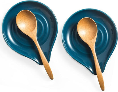 LAUCHUH Spoon Rest for Stove Top, Ceramic Spoon Holder for Kitchen Counter Large Spatula Holder for Ladles, Tongs, Farmhouse Kitchen Décor for Mother's Day, Heat-Resistant, Set of 2, 5 inch, Blue
