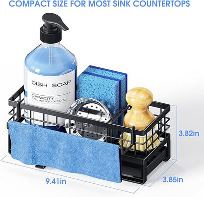 Kitchen Sink Sponge Holder, Rustproof Non-Slip Self-Draining Metal Sink Caddy with Detachable Dish Cloth Holder (Black) - Image 2