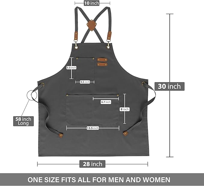 RUVANTI Work Aprons for Men, Oil & Water Repellent, PolyCotton Cross Back Aprons for Women with Pockets, Adjustable up to XXL, Chef Aprons for Cooking, Grilling, Welding, Woodworking - Grey Aprons
