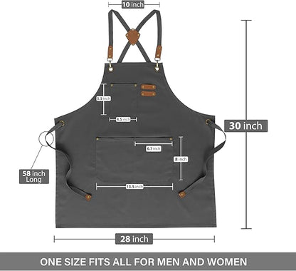 RUVANTI Work Aprons for Men, Oil & Water Repellent, PolyCotton Cross Back Aprons for Women with Pockets, Adjustable up to XXL, Chef Aprons for Cooking, Grilling, Welding, Woodworking - Grey Aprons