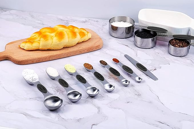 TILUCK magnetic measuring spoons set and measuring cups, stainless steel measuring cups, 6 double-sided stainless steel measuring spoons & 1 leveler (13) - Image 6