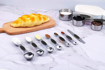 TILUCK magnetic measuring spoons set and measuring cups, stainless steel measuring cups, 6 double-sided stainless steel measuring spoons & 1 leveler (13) - Image 6
