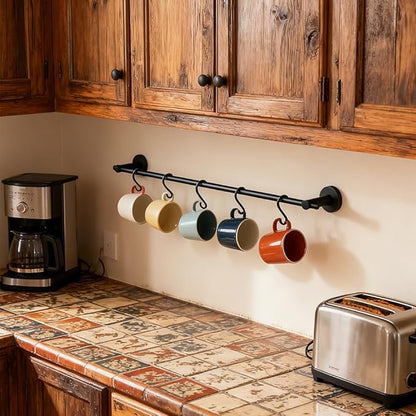 NEWRAIN Pot Rack Wall Mounted, 21 inch Hanging Pot and Pan Hanger, Stainless Steel Kitchen Rail Coffee Mug Rack with 10 S Hooks,Matte Black