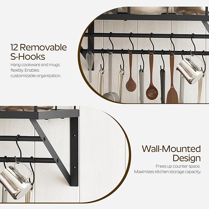 YATINEY Wall Mounted Pot Rack, 23.8 Inch Pot and Pan Organizer with 2 Tier Hanging Rails, 12 S-Hooks, Metal Pot Rack for Kitchen Cookware Organizer, Space Saving, for Kitchen Utensils, Black PR01BK - Image 4
