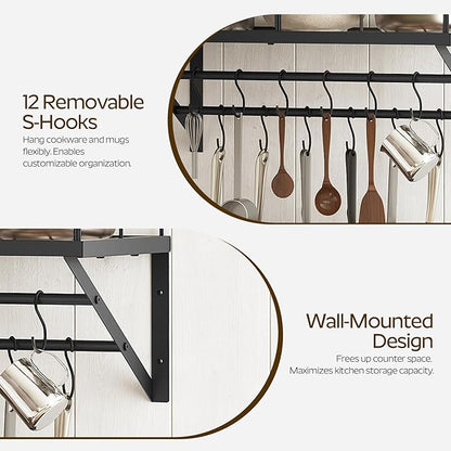 YATINEY Wall Mounted Pot Rack, 23.8 Inch Pot and Pan Organizer with 2 Tier Hanging Rails, 12 S-Hooks, Metal Pot Rack for Kitchen Cookware Organizer, Space Saving, for Kitchen Utensils, Black PR01BK - Image 4